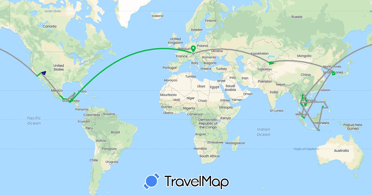 TravelMap itinerary: driving, bus, plane, boat in Germany, Guatemala, Indonesia, Kyrgyzstan, Cambodia, South Korea, Kazakhstan, Laos, Mexico, Malaysia, Philippines, Singapore, Thailand, United States (Asia, Europe, North America)